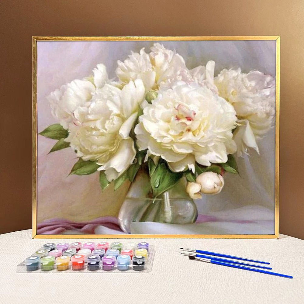 Bring Elegance and Serenity to Your Home with VIVA™ DIY Painting By Numbers - White Peonies (16x20" / 40x50cm), an Artistic and Relaxing Journey - VIVA Paint-by-Numbers