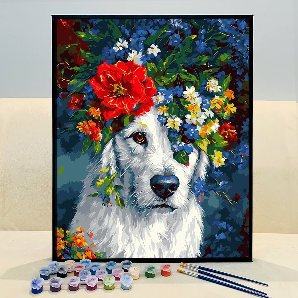 VIVA™ DIY Painting By Numbers - Dog in flowers (16x20" / 40x50cm) - VIVA Paint-by-Numbers